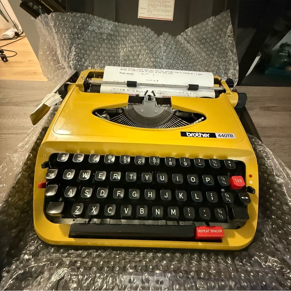 RARE VINTAGE FIND 1970’s Yellow Brother 440 TR Typewriter with new ribbon, case